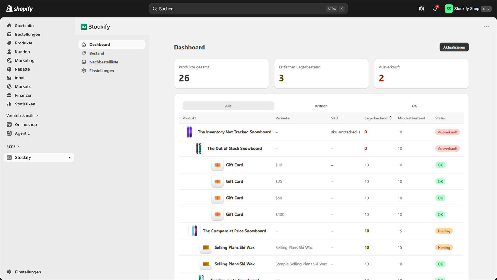 Stockify Dashboard: kritische, knappe und gesunde Varianten auf einen Blick