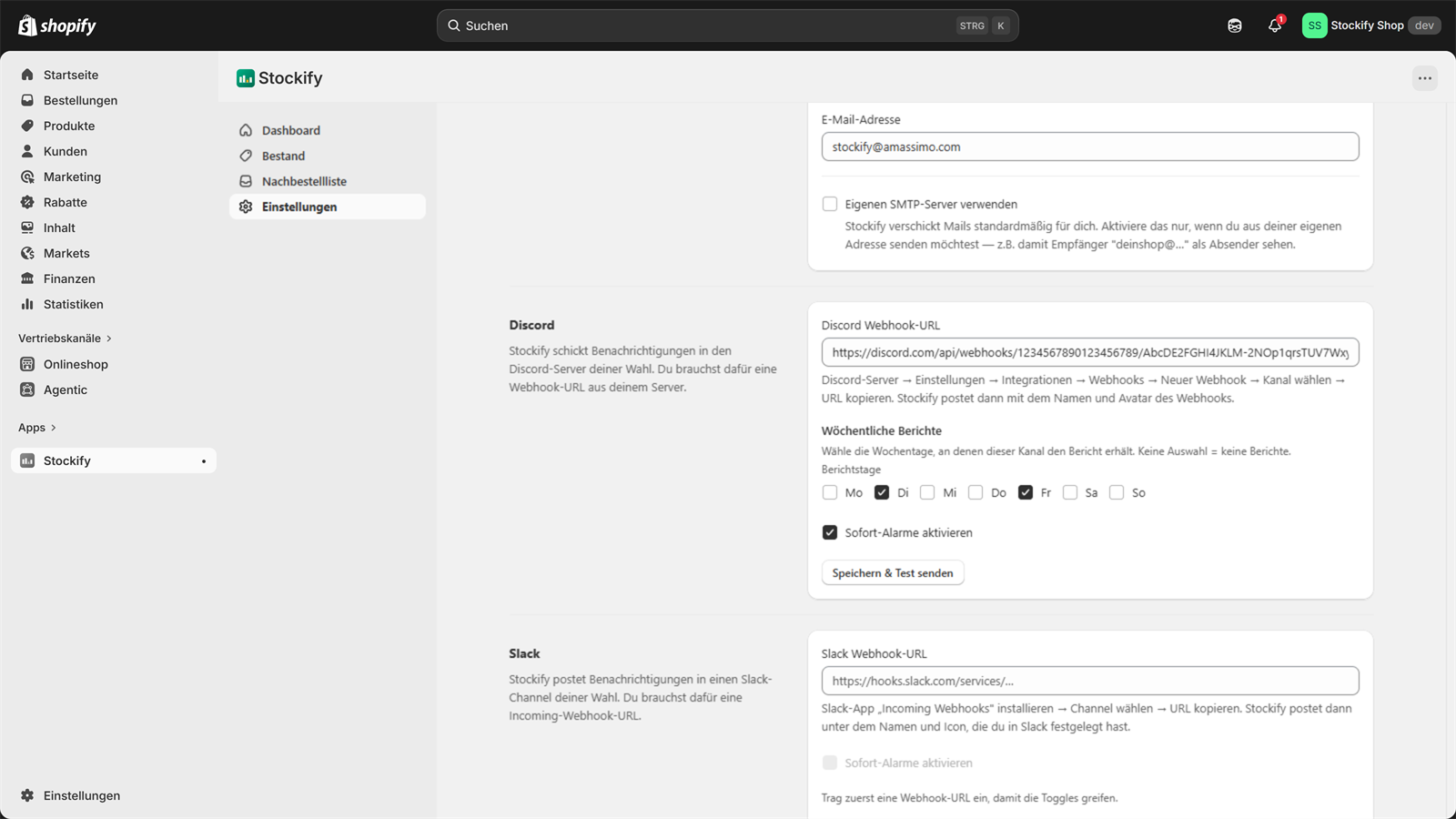 Einstellungen → Benachrichtigungen: Berichtstage und Sofort-Alarme pro Kanal