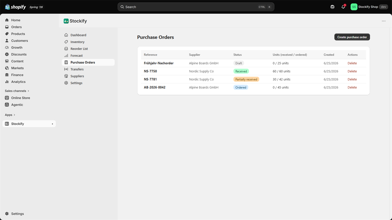 Purchase orders with status (draft, ordered, partially received, received) and suppliers
