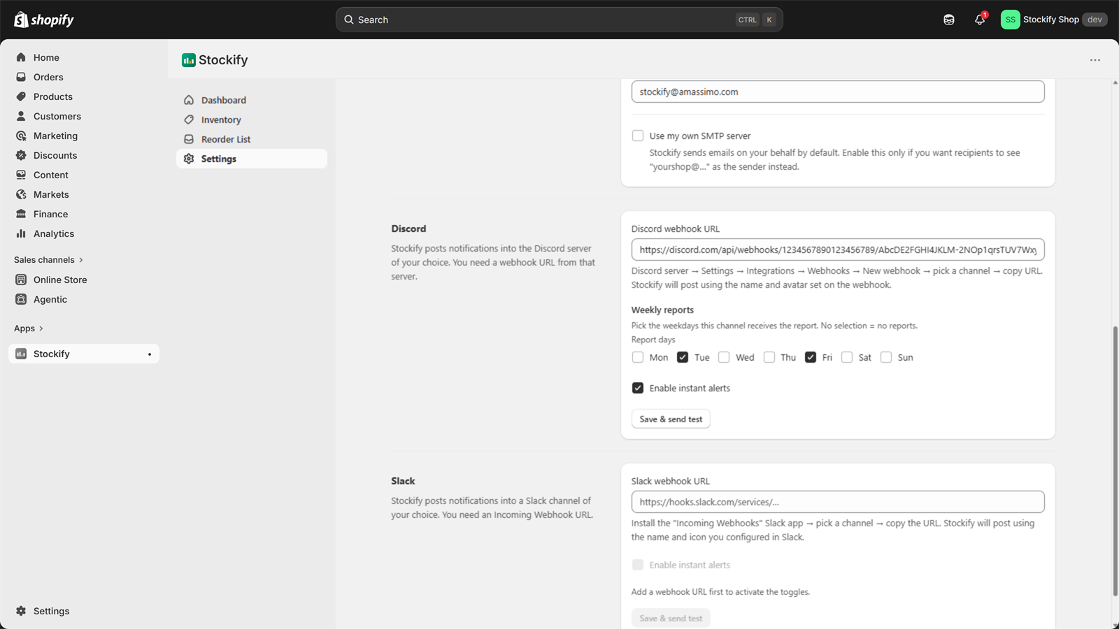 Settings → Notifications: report days and instant alerts per channel